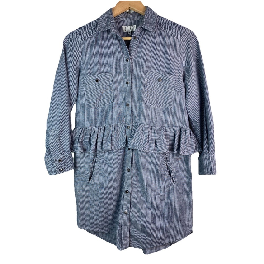 Heinui Henry Women's S Blue Hickory‎ Striped Ruffle Mini Dress Made in Spain